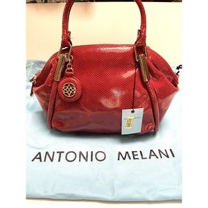 ANTONIO MELANI Red Leather Ella Purse Handbag Goldtone Accents Logo Tag Storage